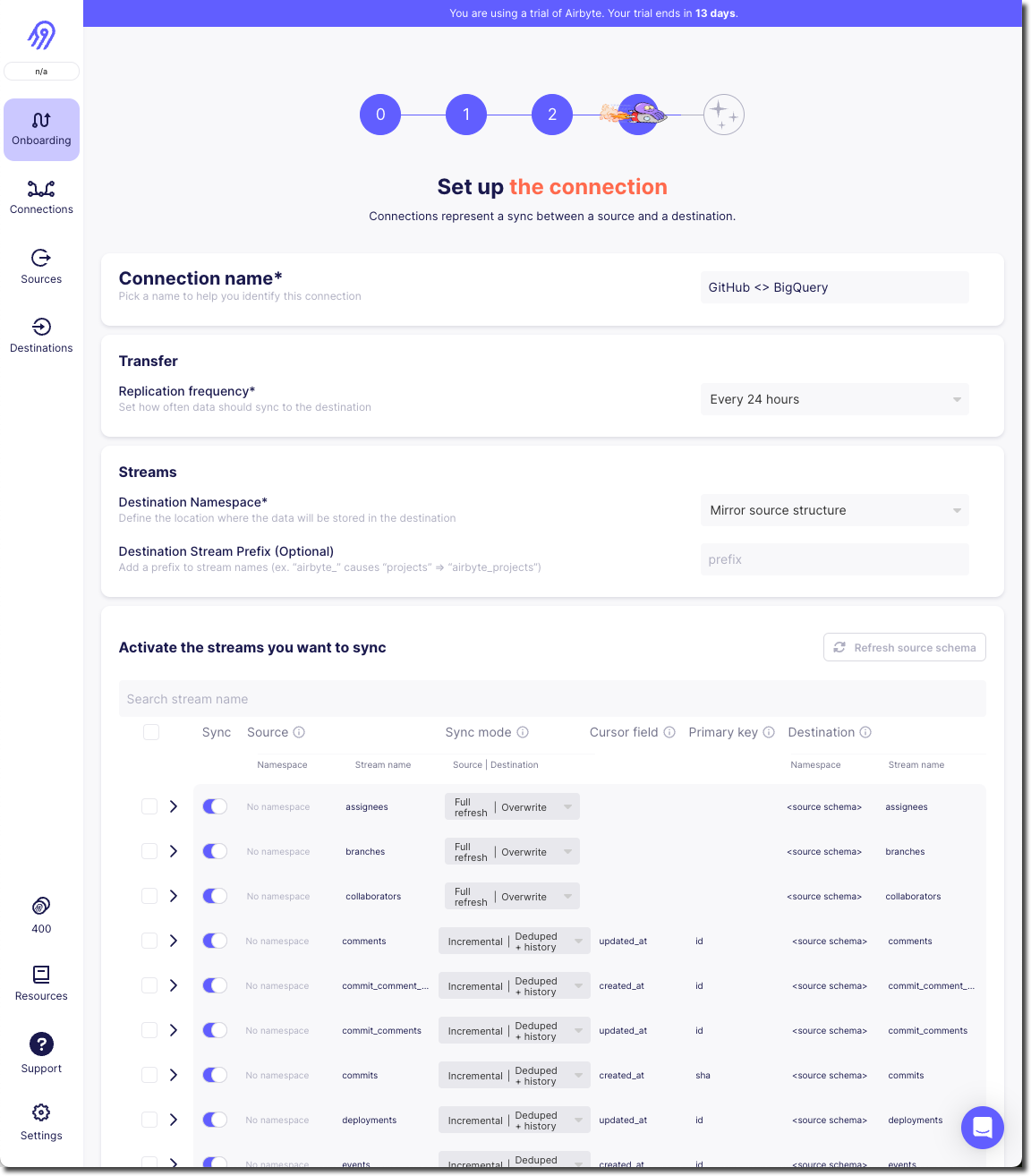 Airbyte - Connection configuration screen